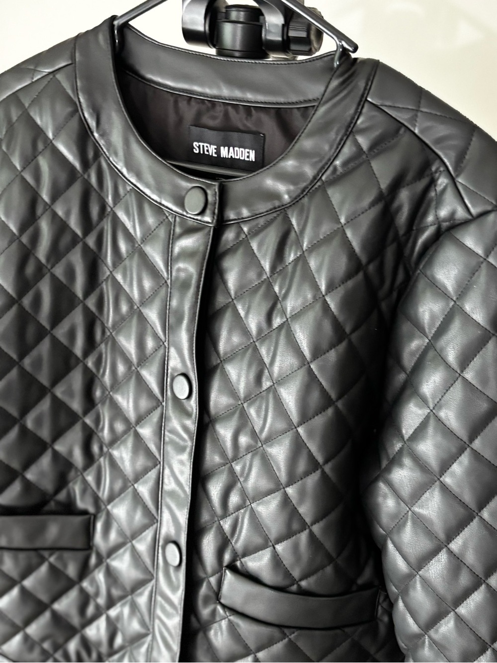 Steve Madden Black Quilted Faux-Leather Snap Jacket - Picture 3 of 13